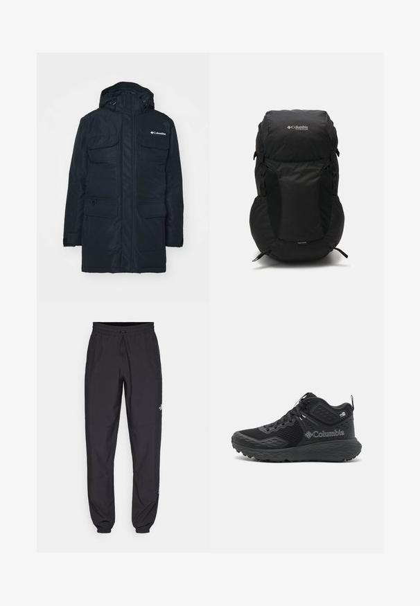 Mörkblå isolerad parka-jacka med huva, två bröstfickor, två nedre fickor och dragkedja framtill. Materialet verkar slätt och hållbart.; Svart kortärmad T-shirt i lättviktig tyg. Har en liten vit logotyp på vänster bröst och subtila axeltoner.; Svarta träningsbyxor tillverkade av lättviktsmaterial, med dragsko i midjan, sidofickor och avsmalnande muddar vid anklarna.; Svarta vandringsskor med ett meshnät, texturerade detaljer, en dämpad sula och en framträdande logga. Har ett säkert snörningssystem och dragflik.; Svart ryggsäck med rundad topp, tillverkad av slitstark tyg. Har sidofickor i meshnät och en regnskyddsetikett på botten.