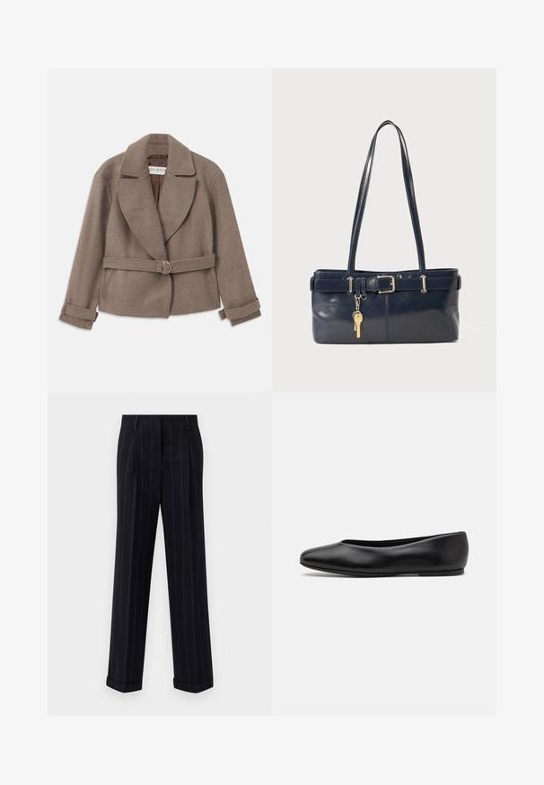 Giacca marrone, corta, con un ampio colletto, design doppiopetto e vita arricchita da una cintura con anello dorato. Tessuto morbido e texture, con polsini arrotolati.; Maglione blu scuro con scollatura rotonda, maniche lunghe a raglan, polsini a coste e orlo dritto. Realizzato in un morbido materiale a maglia testurizzato.; Pantaloni neri a righe sottili con una vestibilità su misura, dotati di orlo con risvolto e pieghe frontali. Realizzati in un tessuto liscio con un design strutturato.; Paul Smith TOPANGA - Ballerine - black; Borsa a mano in pelle blu con due manici lunghi, un dettaglio con fibbia e un portachiavi attaccato. Presenta una texture liscia e una forma rettangolare.