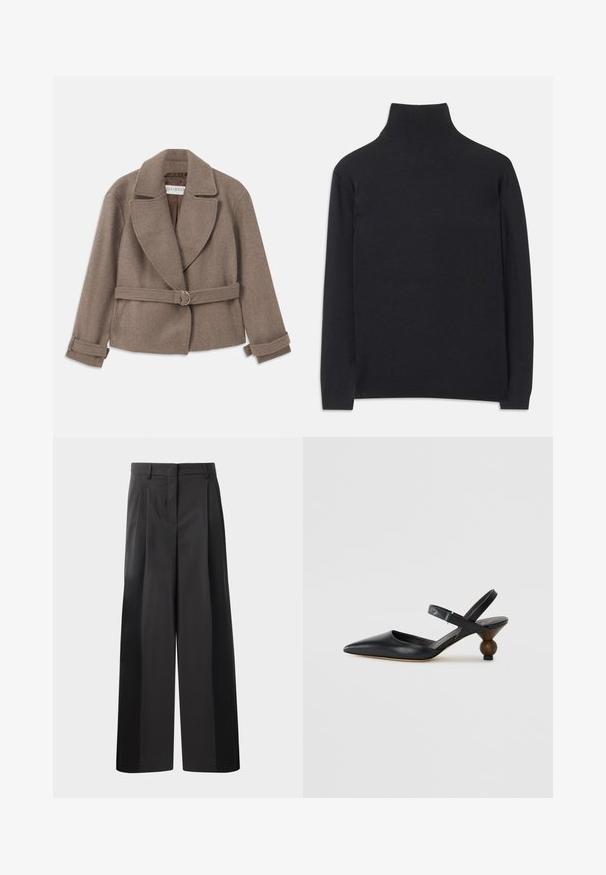 Hnědá, zkrácená bunda s velkým límcem, dvouřadým zapínáním a páskem v oblasti pasu s zlatým kroužkem. Měkká, strukturovaná tkanina s ohrnutými manžetami.; Černý rolák vyrobený z měkké tkaniny. Má dlouhé rukávy, vysoký límec a žebrované manžety a lem pro přiléhavý vzhled.; Černé kalhoty širokého střihu s vysokým pasem, které mají přední sklady, hladký povrch a upravený vzhled. Navrženy pro volný střih.; Černé kožené sandály s úzkým páskem kolem kotníku, špičatou špičkou, zakřiveným designem a kulatým podpatkem připomínajícím dřevo.