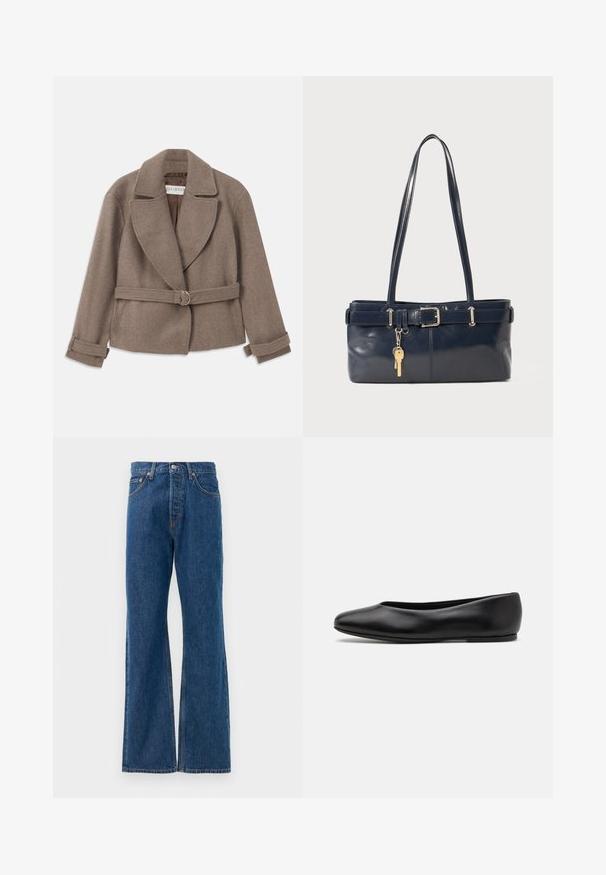 Brun, cropped jakke med en stor krave, dobbeltradet design og bælte i taljen med en guldring. Blødt, tekstureret stof med oplevede manchetter.; Stribet skjorte med hvid bund, prydet med smalle meget farverige linjer i blå, orange og grøn. Lange ærmer og klassisk krave.; Blå denim flared jeans med høj talje, der har fem lommer, en sølvfarvet knaplukning og synlige stikninger.; Paul Smith TOPANGA - Ballerinasko - black; Mørkeblå læderhåndtaske med to lange håndtag, en spænde detaljer og en nøglering vedhæftet. Den har en glat tekstur og en rektangulær form.