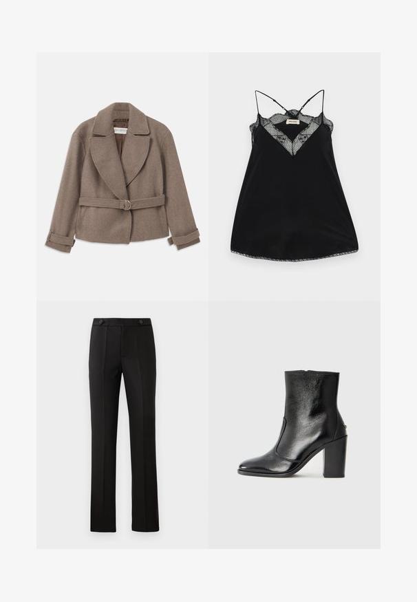 Brun, cropped jakke med en stor krave, dobbeltradet design og bælte i taljen med en guldring. Blødt, tekstureret stof med oplevede manchetter.; Sort camisole med justerbare stropper, prydet med en blonderede V-udskæring og bølgede kanter. Glat stof med en let glans.; Sorte skræddersyede bukser med lige ben, to frontlommer, knaplukning og plissé detaljer foran. Glat stofstruktur.; Sorte læder ankelstøvler med en glat overflade, spids tå og en chunky høj hæl. Har en sidelukning og minimalistisk design.