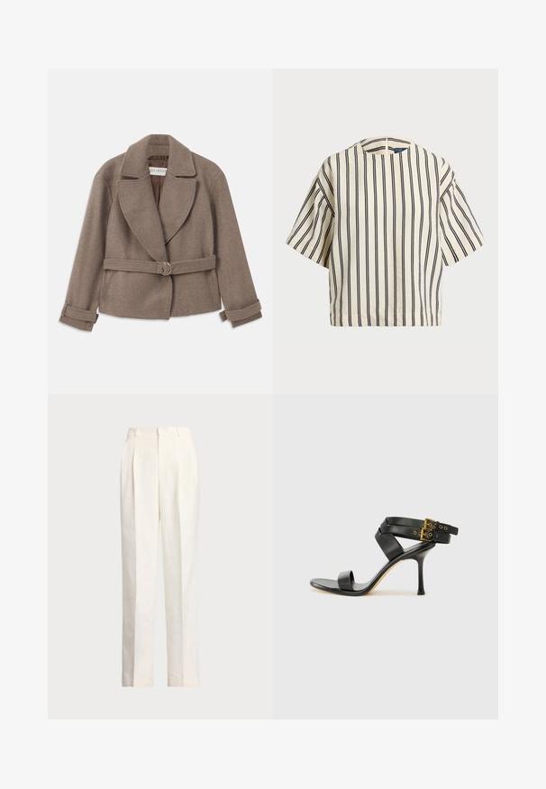 Brun, cropped jakke med en stor krave, dobbeltradet design og bælte i taljen med en guldring. Blødt, tekstureret stof med oplevede manchetter.; Kortærmet, stribet top i creme og marineblå, med rund halsudskæring og boxy design i et tekstureret stof.; Polo Ralph Lauren HEMP WIDE LEG PANT - Bukser - nevis; Sort hæl-sandal med krydsede stropper og justerbar spænde. Har en glat overflade og spids stilettohæl.