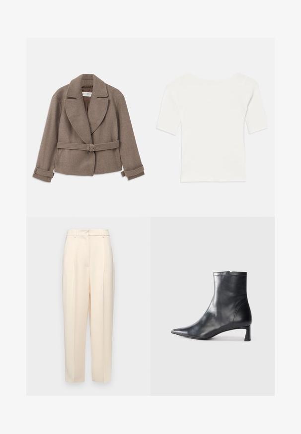 Brūna, apgriezta jaka ar lielu apkakli, divrindu dizainu un jostu ar zelta gredzenu. Mīksta, teksturēta auduma, ar salokotām piedurknēm.; Balts ribots īsām piedurknēm tops ar plašu dekoltē. Raksts ietver vertikālas līnijas, uzsverot ciešu piegulšanu un vienkāršu dizainu.; Beige pielāgotas bikses ar taisnu piegriezumu, priekšpusē ar krokām, gluda tekstūra un vidējas augstuma jostasvieta. Nav redzamu kabatu.; Melnas ādas potītes zābaki ar norādītu pirkstu un elegantu dizainu. Iezīmē zemu papēdi un rāvējslēdzēja aizdari aizmugurē. Gluda tekstūra.