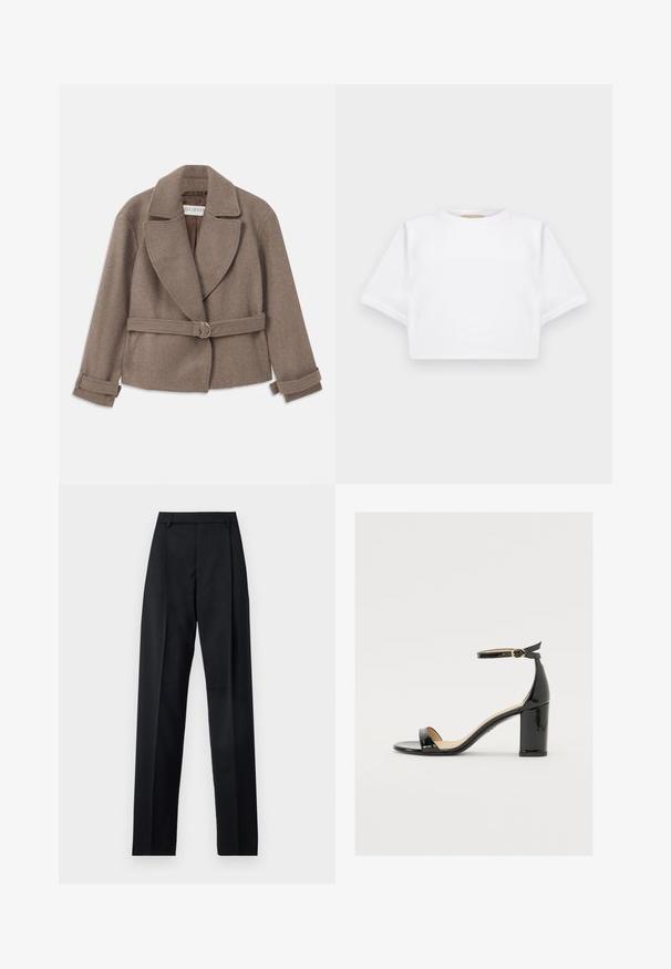 Brązowa, krótka kurtka z dużym kołnierzem, podwójnym zapięciem i paskiem w talii z złotym pierścieniem. Miękka, teksturowana tkanina z podwiniętymi mankietami.; Skrojona biała koszulka z miękkiego materiału, z krótkimi rękawami, okrągłym dekoltem i żebrowanymi detalami u dołu. Prosty i nieozdobiony design.; Czarne spodnie wykonane z gładkiego materiału, z wysokim stanem, szerokimi nogawkami, fałdami z przodu i klasycznymi szlufkami na pasek. Brak widocznych kieszeni bocznych.; Czarne sandały z lakierowanej skóry na szerokim obcasie, z otwartym czubkiem i paskiem na kostce z złotą klamrą. Gładka faktura i elegancki design.