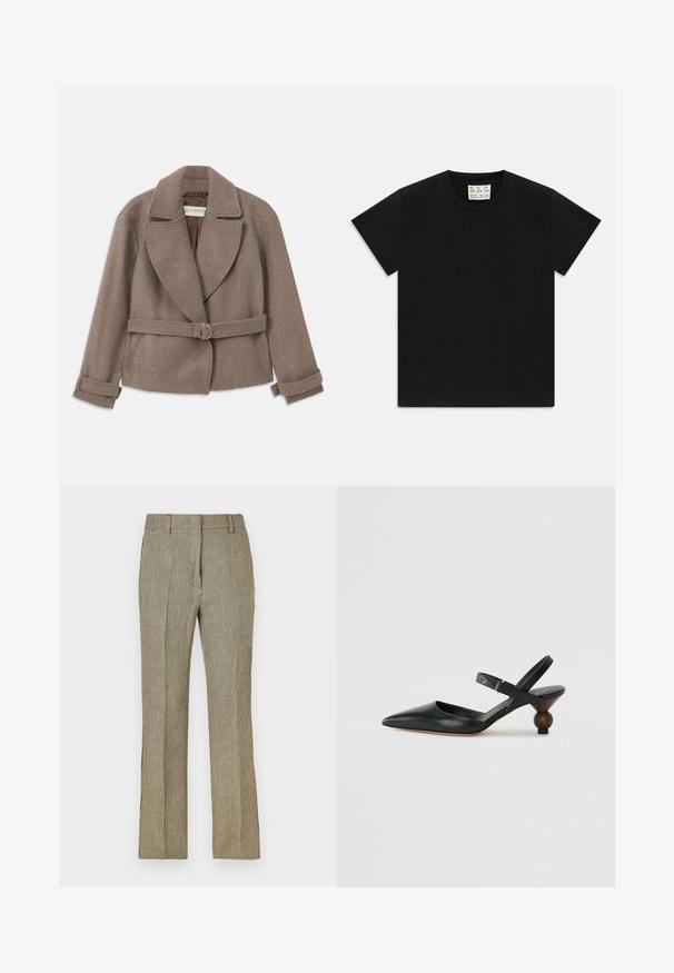 Jachetă scurtă, maro, cu guler mare, design cu două rânduri de nasturi și talie împodobită cu o curea cu inel de aur. Material moale, texturat, cu manșete rulate.; Tricou negru cu mânecă scurtă și guler rotund, având un etichetă albă în interiorul gulerului, inscripționată cu "D.R.C. EST. 2002" pe un fundal alb.; Pantaloni personalizați cu carouri bej și negre, cu un croi drept, prezentând bucle pentru curea și buzunare laterale, confecționați dintr-un material neted.; Sandal din piele neagră cu vârf ascuțit, design curbat și toc rotund asemănător cu lemnul. Dispune de o curea îngustă la gleznă.