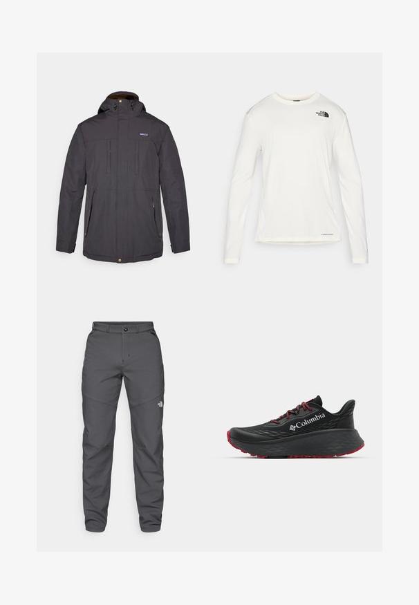 Σκούρο γκρι αδιάβροχο μπουφάν με κουκούλα, μπροστινό φερμουάρ, δύο τσέπες στο στήθος και θερμική επένδυση, με κουμπιά και λογότυπο.; Λευκό πουκάμισο με μακριά μανίκια και στρογγυλή λαιμόκοψη, υφή στο ύφασμα, μαύρο λογότυπο στον αριστερό ώμο και διακριτική επωνυμία στο κάτω μέρος.; Γκρι εξωτερικά παντελόνια από ανθεκτικό ύφασμα, με κλείσιμο κουμπιού, θηλιές ζώνης και λογότυπο κοντά στο κάτω μέρος του ποδιού.; Μαύρο αθλητικό παπούτσι με υφή στην επάνω πλευρά, κόκκινες κορδόνες και λογότυπο. Παχύ πέλμα με μοτίβο για πρόσφυση. Μινιμαλιστικός σχεδιασμός, πλευρική όψη.