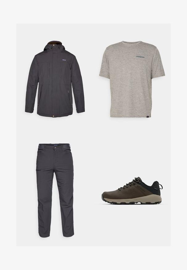 Mørkegrå vanntett jakke med hette, glidelås foran, to brystlommer og et varmt fôr, med knappdetaljer og et logo-merke.; Grå kortermet t-skjorte laget av mykt, teksturert stoff med en liten blå Patagonia-logo på venstre bryst. Ingen ekstra mønstre.; Mørkegrå bukser laget av slitesterkt stoff, med glidelåslomme, rett snitt og beltestropper for justerbar passform.; Brune vanntette joggesko med teksturert overdel, perforerte detaljer, svart hæl støtte og en grå gummisåle. Snøring er stilisert med metalliske ender.