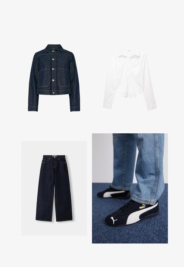 Tamno plavi traper jakna s ovratnikom, kopčanjem na dugmadi i dva prednja džepa. Ima kontrastne šavove i duge rukave s dugmadima na manžetama.; Bijela dugorukava ženska košulja prilagođenog kroja s kragnom, s blagim detaljima šavova i lagano zakrivljenim rubom.; Tamno plavi traper široki traperice viskog struka, s pet džepova, kontrastnim šavovima i srebrnim metalnim detaljima. Glatka tekstura i čista obrada.; Crne suede tenisice s bijelim detaljima, s zlatnim logotipom. Nosene su s svijetloplavim trapericama i postavljene na teksturiranoj plavoj podlozi.