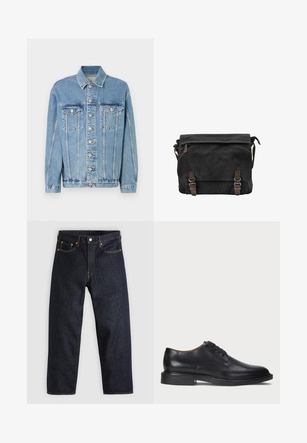 Ljusblå denimjacka med krage, framknäppning med knappar, två bröstfickor och subtila whiskeringdetaljer. Klassisk rak passform.; Svart bomullströja med rund hals och korta ärmar. Har en diskret logotyp fram och en rak nederkant. Enkelt och minimalistiskt design.; Mörkblå denimjeans med rak passform, fem fickor, kontrasterande orange sömmar och knappgylf. Inga synliga mönster eller dekorationer.; Svart läderklänningsko med rund tå, snörning och låg staplad klack. Slät yta med minimala sömdetaljer.; Svart canvas budväska med en vikbar klaff, bruna läderdetaljer, två metallspännen och en sidofick med blixtlås.