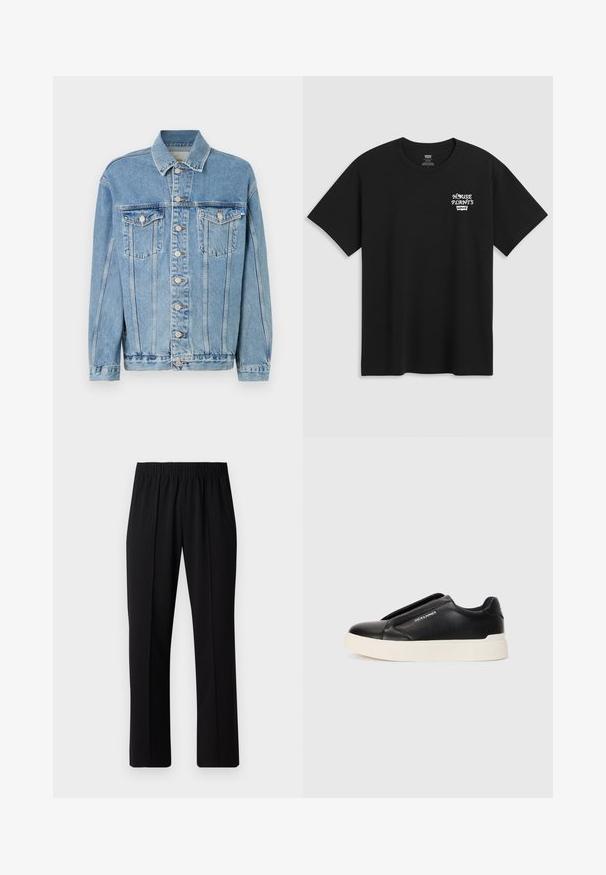 Vaaleansininen farkkutakki, jossa on kaulus, etupainikekiinnitys, kaksi rintataskua ja hienovaraiset kulutustyylit. Klassinen suora leikkaus.; Mustat puuvillapaita, jossa on rintaprintti, joka lukee "KOTIKASVIT" valkoisella tyylitellyllä fontilla ja "Levi's" tekstin alla. Klassinen pyöreä kaula-aukko.; Mustat, joustavat vyötäröhousut suoralla lahkeella, joissa on sileä pinta ilman näkyviä kuvioita tai metalliosia.; Musta liukusneakeri, jossa on teksturoitu nahkapinta, valkoinen kumipohja ja ei näkyviä nauhoja. Sivulla on brändin logo.