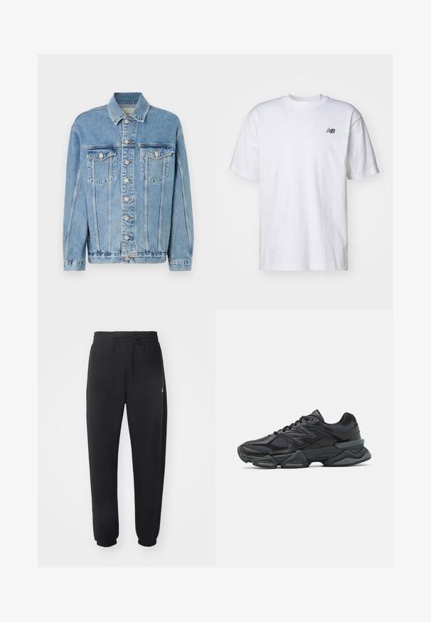 Jaqueta de denim azul claro com colarinho, fecho frontal com botões, dois bolsos no peito e detalhes suaves de desgaste. Design clássico de corte reto.; T-shirt branco de manga curta com decote redondo e pequeno logo preto da New Balance no lado esquerdo do peito, em fundo simples.; Calças de treino pretas feitas de material suave, com cintura elástica, cordão e punhos ajustados, apresentando um logótipo discreto na lateral.; Sapato de corrida preto com uma combinação de malha e materiais sintéticos, sola robusta, design curvado e uma marca de destaque na lateral.