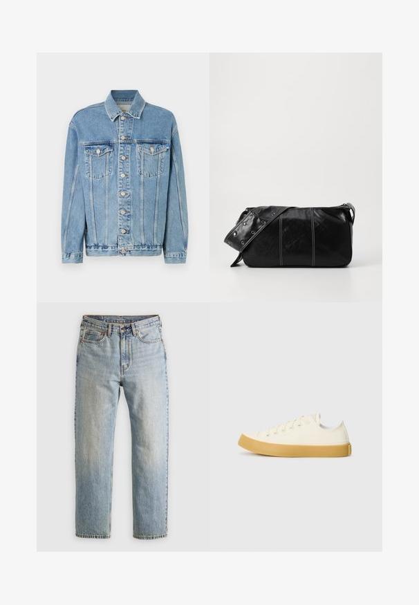 Light blue denim jacket with a collar, front button closure, two chest pockets, and subtle whiskering details. Classic straight cut design.; Plain light gray short-sleeve crew neck T-shirt displayed on a white background, front view with no visible logos or designs.; Light blue denim jeans with high waist, front button, zipper, and five-pocket design, laid flat on a neutral background.; Canvas sneakers in off-white with a round toe, featuring beige rubber soles and five eyelets for laces, textured finish on the upper.; Black leather shoulder bag with a zip closure, featuring a textured body, white stitching, and a strap with silver grommets.