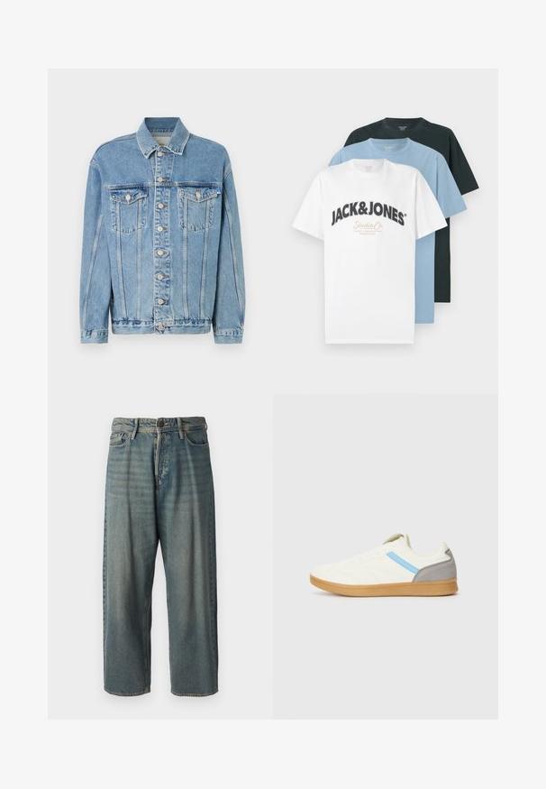 Gai zils džinsu jaka ar apkakli, priekšējo pogu aizdari, divām krūts kabatām un smalkiem izbalinājumiem. Klasiska taisna piegriezuma dizains.; Trīs salocītas īsām piedurknēm T-kreklu ar apaļu kakla izgriezumu baltā krāsā ar Jack & Jones logotipu, gaiši zilā un melnā krāsā, sakrautas uz baltas fona.; Gaiši zili džinsi ar brīvu piegriezumu, vidējo jostas augstumu un taisnām kājām. Satur piecas kabatas, jostas cilpas un pogu aizdari.; Skeči ar krēma krāsas augšdaļu, zilu sānu svītru un pelēku papēža akcentu. Piedāvā teksturētu dizainu un gumijas zoli.