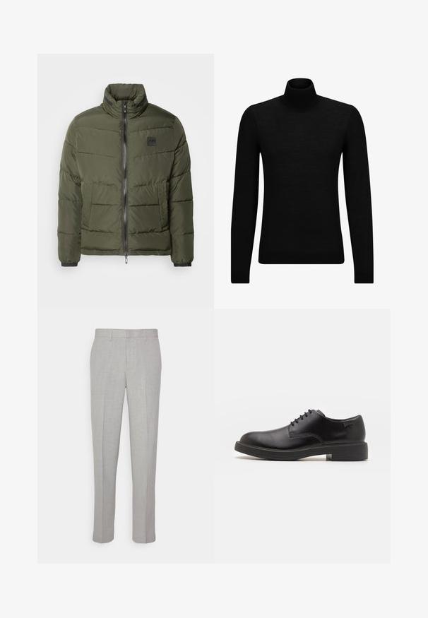 Zimní bunda v olivové zelené barvě, s předním zipem, vysokým límcem, strukturovanými bočními panely a elastickými manžetami. Lehce vycpaný design.; Černý rolák vyrobený z měkkého materiálu, s dlouhými rukávy a těsným střihem. Hladký lem na spodním okraji a manžetách. Jednoduchý design.; Světle šedé kalhoty s hladkou texturou, plochým předním dílem a rovnými nohavicemi. Vyrobené z prodyšného materiálu, obsahující vnitřní kapsy a poutka na opasek.; Černé kožené šněrovací boty s kulatou špičkou, hladkým povrchem, minimálním prošíváním a nízkým gumovým podpatkem. Logo na patě.