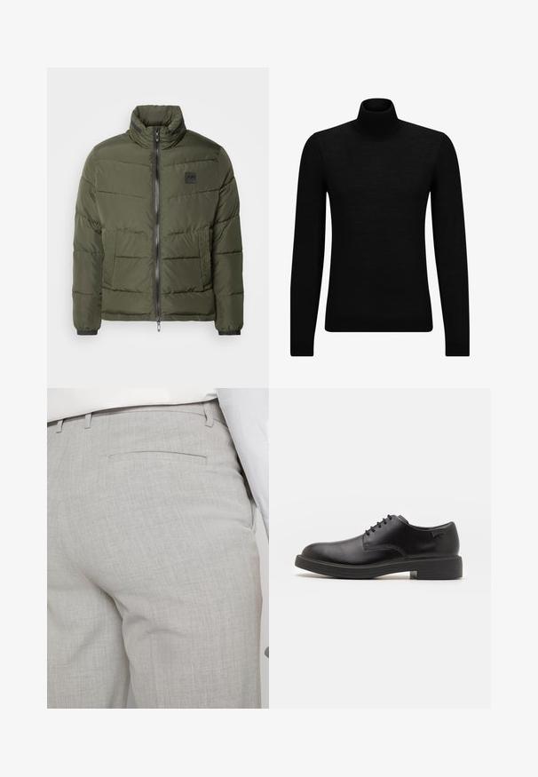 Kurtka puchowa w oliwkowym kolorze, z zamkiem z przodu, wysokim kołnierzem, cętkowanymi bocznymi panelami i elastycznymi mankietami. Lekka, pikowana konstrukcja.; Czarny sweter z golfem wykonany z miękkiego materiału, z długimi rękawami i dopasowanym krojem. Żebrowane wykończenie na dolnym brzegu i mankietach. Prosty design.; Jasnoszare, dopasowane spodnie wykonane z fakturowanej tkaniny, z pojedynczą tylną kieszenią i starannym przeszyciem.; Czarny skórzany but za kostkę z okrągłym noskiem, gładką fakturą, minimalnym przeszyciem i niskim gumowym obcasem. Logo na pięcie.