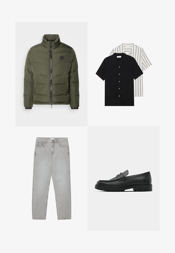 Doudoune en vert olive, avec fermeture éclair à l'avant, col montant, panneaux latéraux texturés et poignets élastiques. Design léger et matelassé.; Deux chemises à manches courtes : l'une noire unie, l'autre blanche avec des rayures verticales noires. Les deux ont des boutons et un col classique.; Pantalon en denim gris clair avec une coupe droite, cinq poches et une fermeture à bouton. Coutures visibles le long des coutures.; Mocassins en cuir noir à bout arrondi, avec un design cousu, une semelle plateforme basse et une semelle en caoutchouc texturée et crantée.