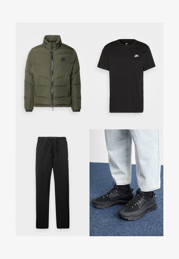 Doudoune en vert olive, avec fermeture éclair à l'avant, col montant, panneaux latéraux texturés et poignets élastiques. Design léger et matelassé.; T-shirt en coton noir à manches courtes, col rond, avec un petit logo Nike blanc sur la poitrine supérieure gauche. Texture lisse. Coupe classique.; Pantalons de survêtement noirs en polaire, dotés d'une taille élastique avec cordons de serrage, de deux poches avant et d'un petit logo sur la cuisse.; Des chaussures de sport noires avec un tissu texturé et des semelles en caoutchouc, dotées de lacets élastiques et d'un accent bleu au talon. Portées avec un pantalon en denim clair.