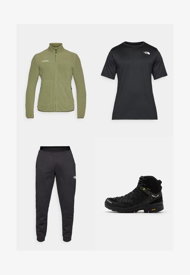 Oliwkowa polarowa kurtka z wysokim kołnierzem, zamkiem błyskawicznym, dwoma przednimi kieszeniami i logo na klatce piersiowej. Gładka faktura, luźny krój.; Czarna koszulka z krótkim rękawem wykonana z lekkiego, odprowadzającego wilgoć materiału. Posiada białe logo na lewej stronie klatki piersiowej oraz okrągły dekolt.; Czarne dresy wykonane z gładkiego materiału, charakteryzujące się zwężanym krojem, elastycznym pasem i detalem logo na prawej nodze.; Czarne buty trekkingowe z teksturowaną cholewką, wzmocnionym noskiem i podeszwą Vibram. System sznurowania zawiera haki dla zapewnienia pewnego dopasowania.