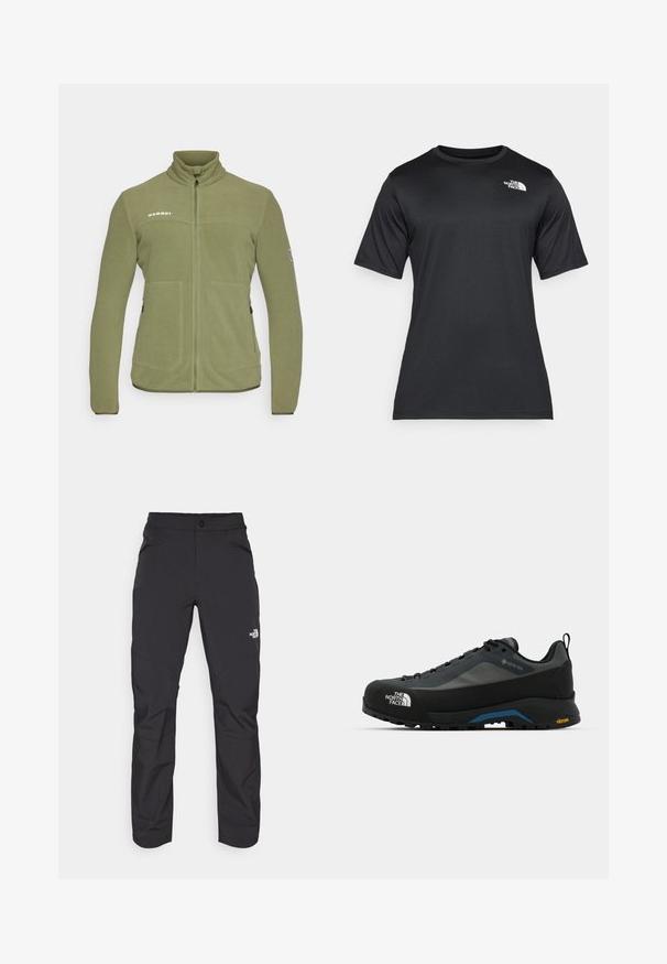 Tamsiai žalia fliso striukė su aukštu apykakle, užtrauktuku, dviem priekinėmis kišenėmis ir logotipu ant krūtinės. Lygus paviršius, laisvas įsiliejimas.; Juoda trumpų rankovių marškinėliai, pagaminti iš lengvos, drėgmę praleidžiančios medžiagos. Viršuje kairėje krūtinės pusėje yra balta logotipo etiketė, o apykaklė yra klasikinio stiliaus.; Juodi lauko kelnės su užtrauktuku priekyje, pagamintos iš sintetinės medžiagos, siaurėjančiomis kojomis ir sustiprintomis kelių dalimis. Savybė - mygtuko užsegimas.; The North Face VERTO ALPINE GORE TEX - Turistiniai batai - asphalt grey/tnf black