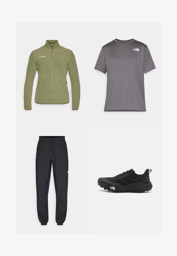 Oliivaroheline fliisikot, millel on kõrge krae, lukuga eesmine sulgemine, kaks eesmist taskut ja logo rinnal. Sile tekstuur, mugav istuvus.; Hallid lühikeste varrukatega spordipusa, mis on valmistatud siledast ja kergest kangast. Esiküljel vasakul rinnal on valge logo. Ümmargune kaelaauk.; Mustavad sportlikud püksid, mis on valmistatud kergest kangast, joonlauaga taljest, küljetaskudega ja kitsenevate varrukatega pahkluude juures.; Must tume jooksujalats musta värvi, tekstuurse ülemise osaga, kummist tallaga ja tugevdatud varbaga. Omab pehmendusega krae ja tõmblinti mugavaks selga panemiseks.