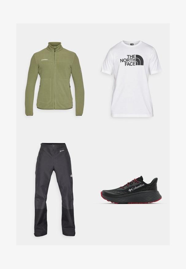 Giacca in pile verde oliva con colletto alto, chiusura con zip, due tasche frontali e logo sul petto. Texture liscia, vestibilità comoda.; T-shirt bianca in cotone con stampa grafica nera che presenta testo e un design del logo curvo. Collo rotondo e maniche corte. Texture semplice.; Pantaloni impermeabili neri con una texture liscia, dotati di un logo GORE-TEX sulla parte anteriore e rinforzi sulle gambe inferiori per una maggiore durata.; Scarpa sportiva nera con tomaia testurizzata, lacci rossi e logo. Suola spessa con battistrada a righe per una buona aderenza. Design minimalista, vista laterale.