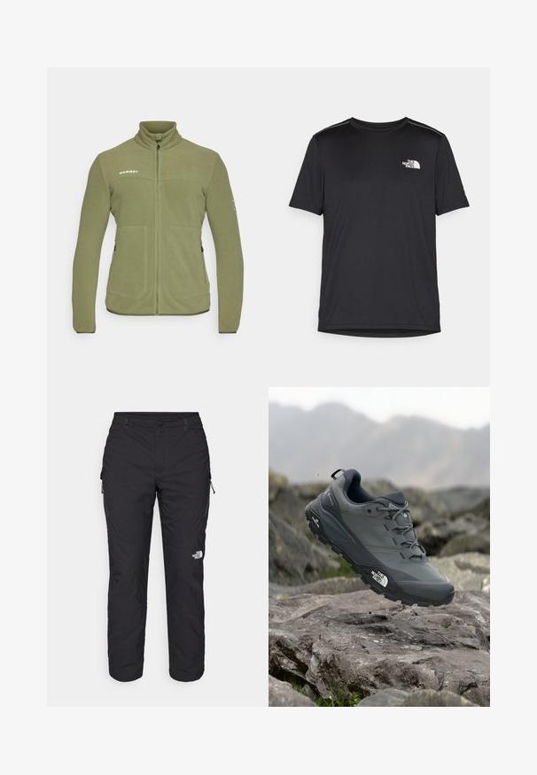 Oliva zöld fleece dzseki magas gallérral, cipzáras záródással, két elülső zsebbel és logóval a mellkason. Sima textúra, laza fazonú.; Fekete, rövid ujjú póló, könnyű anyagból készült. Bal mellen egy kis fehér logó található, és finom vállrész kiemelések.; The North Face WINTER EXPLORATION TAPERED CARGO - Szabadtéri nadrágok - black; Szürke terepfutó cipő, texturált felsőrésszel, tartós gumitalppal és megerősített orr résszel. Fekete fűzők és márka logó a cipő oldalán.