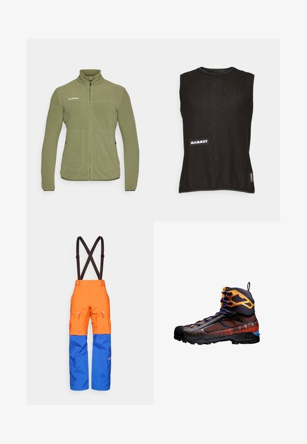 Olivgrüne Fleecejacke mit hohem Kragen, Reißverschluss, zwei Fronttaschen und Logo auf der Brust. Glatte Textur, lässige Passform.; Ärmelloses schwarzes Oberteil aus strukturiertem Material mit einem weißen "Mammut"-Logo und einem kleinen roten Akzent-Tag an der Seite, runder Ausschnitt.; Orange und blaue wasserdichte Hosen mit verstellbaren schwarzen Trägern, vorderen Reißverschlusstaschen und verstärkten Kniefeldern für Outdoor-Aktivitäten.; Schwarze und orange Wanderschuhe aus Mesh- und Gummi-Materialien. Mit blauen Akzenten, strukturierten Mustern und einem hohen Knöcheldesign zur Unterstützung.
