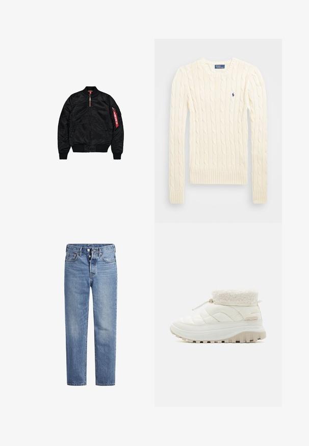 Melnā bumbas jakā no gludas auduma ar rāvējslēdzēja aizdari, ribotiem piedurknēm un apakšmalai, sānu kabatām un sarkanu etiķeti uz piedurknes.; Krems krāsas adīts džempers ar garām piedurknēm, ribotām aprocēm un apakšmalu, ar nelielu izšūtu logotipu kreisajā krūtī.; Gaiši zila džinsu bikses ar taisnu griezumu, piecu kabatu dizainu un poga aizdari. Iespējamas nelielas izbalēšanas un apelsīnu diegu akcenti.; Balta siltināta ierakstota zābaku līdz potītei ar mākslīgā kažoka apkakli, elastīgas šņorēšanas aizdari un biezu gumijas zoli ar dziļiem profilēšanas rakstiem saķerei.