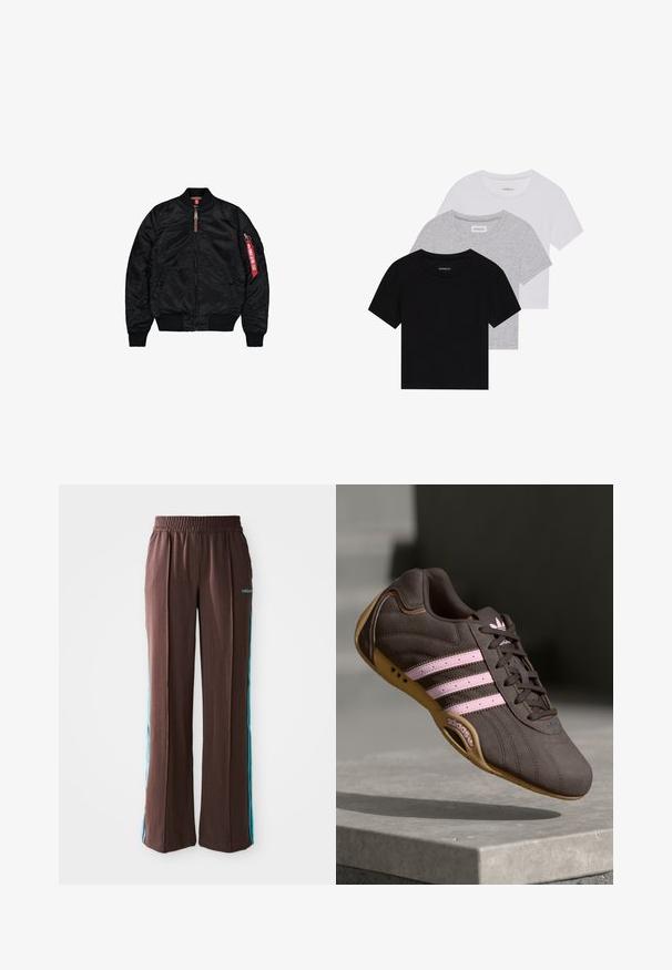 Črna bomberska jakna iz gladkega materiala, z zadrgo, rebrastimi manšetami in robom, stranskimi žepi ter rdečo oznako na rokavu.; Komplet treh majic s kratkimi rokavi v črni, sivi in beli barvi. Izdelane iz bombaža, z okroglim izrezom in preprostim, enobarvnim dizajnom.; Rjave športne hlače z ribasto teksturo, elastičnim pasom in turkiznimi stranskimi črtami. Na sprednji strani je logotip adidas.; Rjave semiš tene za šport z rožnatimi črtami in logotipom, ki imajo teksturirano zgornji del, vezalke in podplat iz gume.
