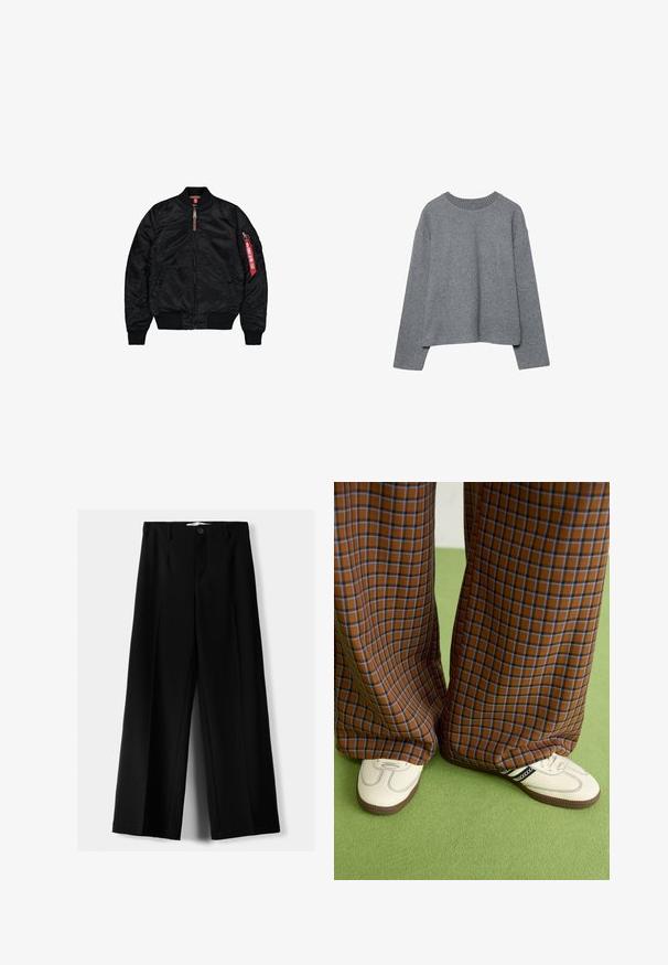 Giacca bomber nera realizzata in tessuto morbido, con chiusura a zip, polsini e orlo a coste, tasche laterali e un'etichetta rossa dettagliata sulla manica.; Maglione corto grigio realizzato in morbido tessuto a maglia, caratterizzato da un collo rotondo a coste e maniche lunghe, con una vestibilità rilassata e dettagli minimi.; Pantaloni neri a gamba larga realizzati in tessuto leggero, caratterizzati da una chiusura frontale con bottone e frontale piatto, con orli cuciti con precisione.; Pantaloni a pieghe larghi a quadri marroni e blu abbinati a scarpe bianche con dettagli neri e suole testurizzate, posizionati su uno sfondo verde.