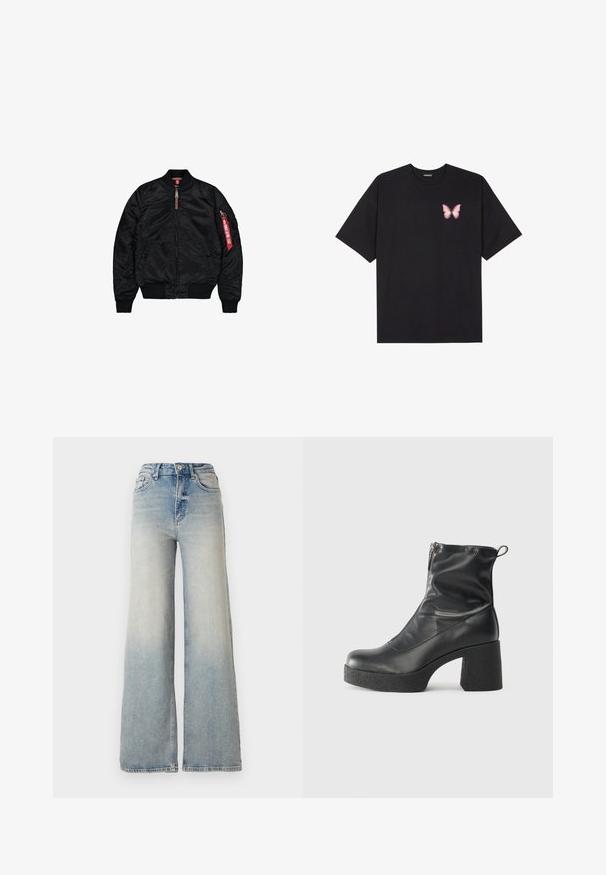 Chaqueta bomber negra hecha de tela suave, con cierre de cremallera, puños y dobladillo acanalados, bolsillos laterales y un detalle de etiqueta roja en la manga.; Camiseta de algodón negra de manga corta, con un pequeño gráfico de mariposa rosa en el lado izquierdo del pecho. Diseño de cuello redondo con un corte relajado.; Jeans de mezclilla de tiro alto y pierna ancha en color azul claro, con cinco bolsillos y costuras visibles a lo largo de las costuras.; Botines negros de tobillo, hechos de cuero suave, con cierre lateral, tacón grueso texturizado y diseño de punta redondeada.