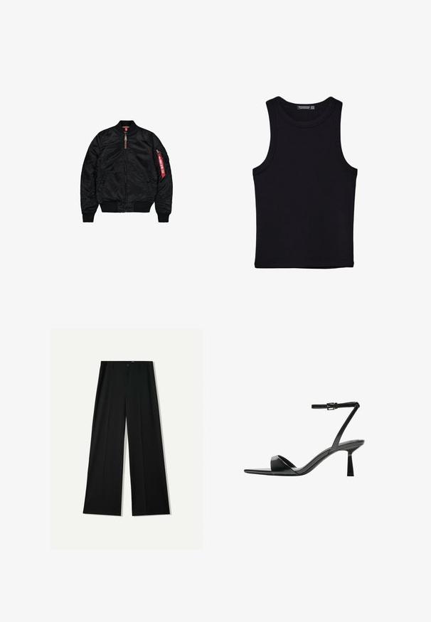 Zwarte bomberjack van gladde stof, met een ritssluiting, ribgebreide manchetten en onderrand, zijzakken en een rode labeldetails op de mouw.; Zwarte tanktop gemaakt van katoen, met een ronde halslijn en brede armopeningen. Gladde textuur met gestikte zomen. Klassiek, minimalistisch ontwerp.; Bershka WIDE - Broek - black; Bershka Sandalen met hoge hak - black