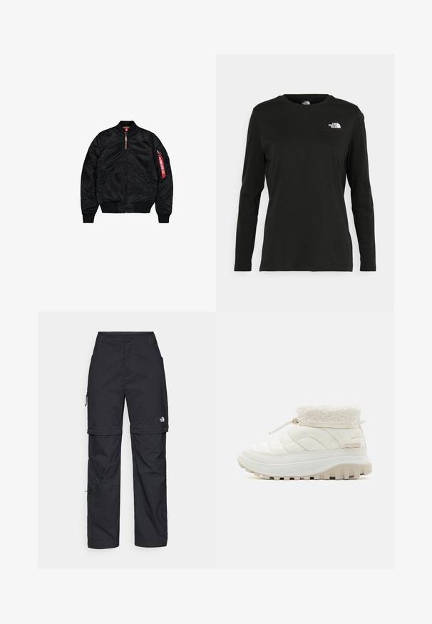 Jaqueta bomber preta feita de tecido liso, com fechamento em zíper, punhos e barra canelados, bolsos laterais e um detalhe com etiqueta vermelha na manga.; T-shirt preto de mangas longas, feito de algodão, com decote redondo. Apresenta um pequeno logótipo branco na área esquerda do peito. Design simples e ajuste confortável.; Calças cargo pretas em nylon com fechos de correr removíveis, punhos ajustáveis, múltiplos bolsos e um logótipo na perna direita. Textura suave e leve.; Bota acolchoada branca até a meia-perna com colarinho de pelúcia sintética, fecho de atacadores elásticos e sola de borracha grossa com ranhuras profundas para tração.