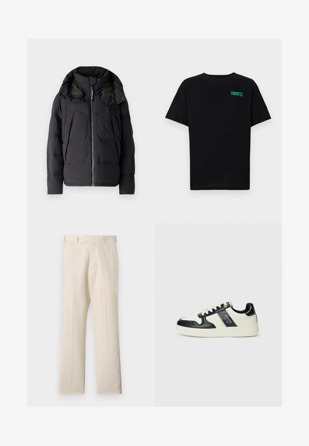 Jachetă puf albă cu glugă, prezentând un fermoar frontal, modele de quiltare orizontale și diagonale, și două buzunare pe piept.; Tricou negru din bumbac, cu mâneci scurte. Prezintă un logo verde "ROOTS" pe față, guler rotund și o potrivire standard.; Pantaloni bej din țesătură împletită, cu o textură netedă, având față plată, buzunare laterale și picioare drepte.; Tenisi din piele cu un scheme de culori negru și crem, dotati cu accente perforate, guler căptușit și o talpă texturată.