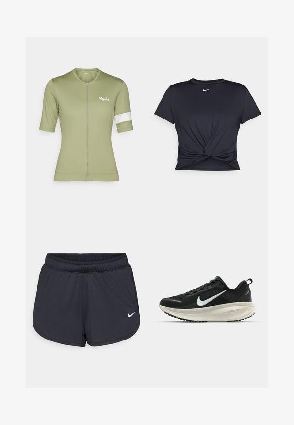 Rapha WOMENS CORE - Maillot de cycliste - olive green/white; T-shirt de sport noir en tissu lisse, avec un design avant noué et un petit logo Nike blanc sur la poitrine.; Shorts de sport noirs en tissu léger et respirant. Dotés d'une taille élastique et d'un logo Nike blanc sur le bas à droite.; Baskets de course noir Nike avec tige respirante en mesh, logo swoosh blanc, détails texturés et semelle intermédiaire ZoomX de couleur crème.