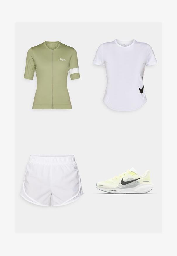 Rapha WOMENS CORE - Maillot de ciclismo - olive green/white; Camiseta deportiva de manga corta blanca hecha de una tela suave, con un logo negro de Nike en el lado izquierdo y un dobladillo curvado en la parte inferior.; Pantalones cortos deportivos blancos hechos de tela ligera y transpirable. Cuentan con una cintura elástica y paneles de malla en los lados, con un pequeño acento en azul del logo.; Zapatillas de correr Nike con una parte superior de malla en amarillo claro y blanco, detalles en gris y una suela de goma flexible. Cuenta con un cierre de cordones.