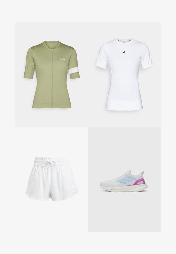 Rapha WOMENS CORE - Camisola de ciclismo - olive green/white; Camisola atlética branca com mangas curtas, feita de tecido liso e elástico. Apresenta um pequeno logotipo preto da Adidas no peito.; Calções de desporto brancos com um cós elástico e cordão ajustável. Feitos de material leve, apresentam bolsos laterais e um corte largo.; adidas Performance PUREBOOST 5 - Sapatos para corrida em estrada - white/glow blue/purple burst