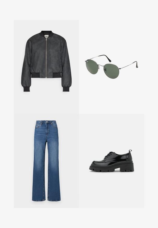 Black bomber jacket made of smooth faux leather, features a zip front, ribbed cuffs, and side pockets, with a cropped silhouette.; Two sleeveless tops in black and white, made of ribbed cotton, featuring round necklines and a fitted design. Labels visible on both.; High-waisted, wide-leg blue jeans made of denim, featuring a classic five-pocket design and subtle fading along the legs.; Black patent leather shoes with a chunky platform sole and thick laces. Rounded toe, minimal detailing, and a small heel tab at the back.; Metal-framed sunglasses with oval green lenses. Thin silver metal frame and black ear tips. Minimalist design, no visible logos.