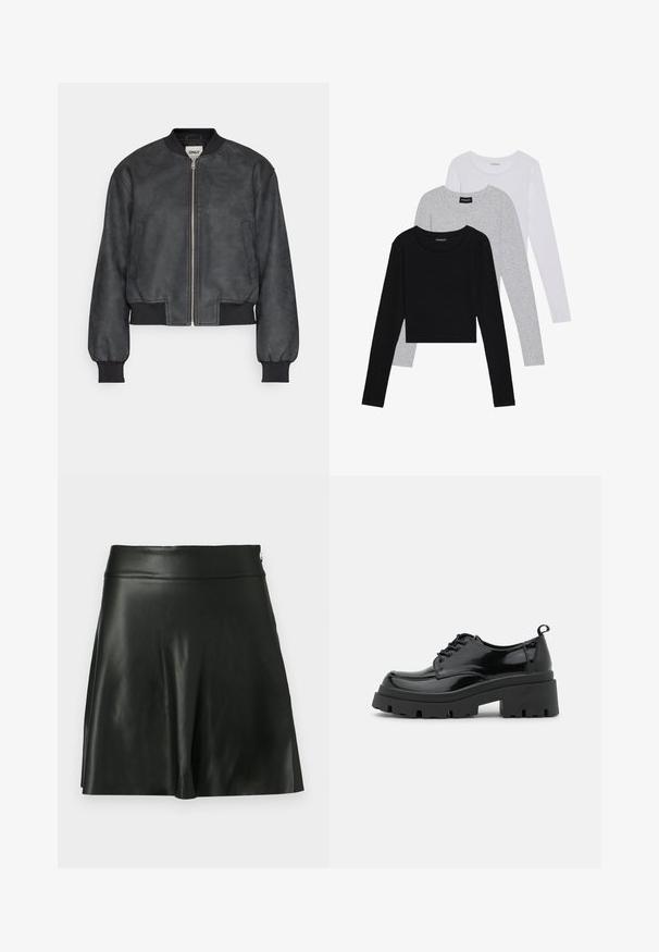 Zwarte bomberjack van glad nepleer, met een ritssluiting aan de voorkant, geribde manchetten en zijzakken, met een cropped pasvorm.; Drie langmouwige tops gestapeld: zwart, grijs en wit. Elke top heeft een ronde halslijn en een cropped ontwerp van soepel, lichtgewicht materiaal.; Zwarte nep leren A-lijn rok met een glade textuur, brede tailleband en uitlopende zoom, met een subtiele glans en zonder zichtbare hardware.; Zwarte gepatineerde leren schoenen met een chunky platformzool en dikke veters. Ronde neus, minimale details en een kleine hieltab aan de achterkant.
