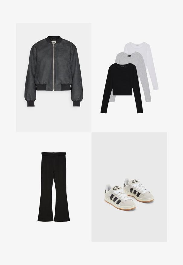 Svart bomberjacka i släta konstläder, har dragkedja fram, ribbade muddärmar och sidofickor, med en kortad silhuett.; Tre långärmade tröjor staplade: svart, grå och vit. Var och en har en rund halsringning och en kort design med mjukt, lätt material.; Svarta flare leggings tillverkade av elastisk tyg. Har en bred midja och en slät yta, med en åtsittande silhuett som flares vid fållen.; Grå mocka sneakers med vita snören, svarta ränder och en vit gummisula. Har en rund logo på tungan och en gummisula.