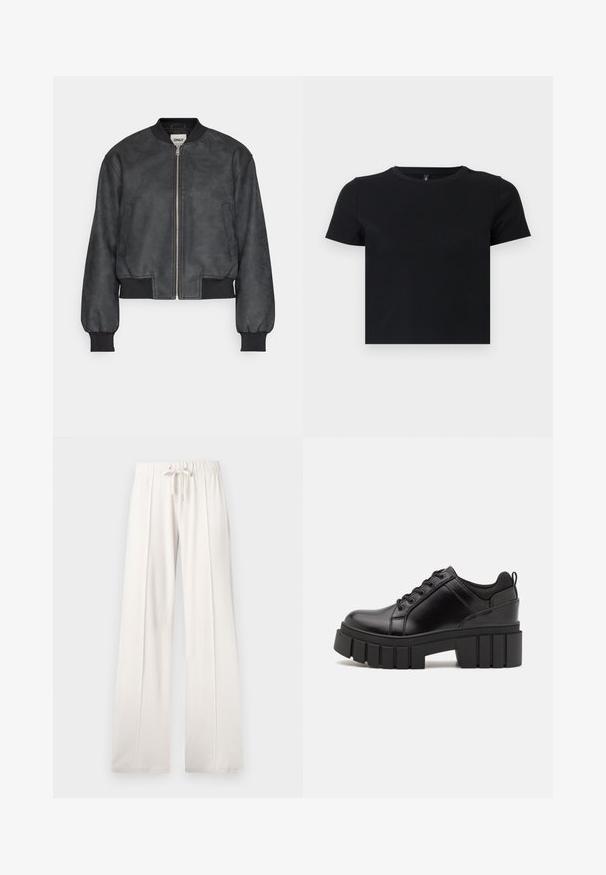 Giacca bomber nera realizzata in morbida pelle ecologica, presenta una chiusura con zip frontale, polsini a coste e tasche laterali, con una silhouette cropped.; T-shirt nera a maniche corte realizzata in cotone morbido. Presenta un collo rotondo e un design aderente. Texture liscia senza motivi o dettagli.; Pantaloni della tuta beige chiaro realizzati in tessuto morbido, con vita regolabile, gambe larghe e cuciture verticali, dal fondo liscio.; Scarpe platform in pelle nera con tacco a blocco robusto, punta rotonda e design tradizionale con lacci. Presentano una superficie liscia e dettagli minimi.