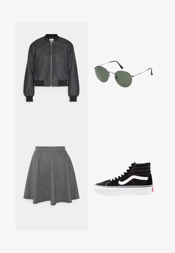 Schwarze Bomberjacke aus glattem Kunstleder, mit Reißverschluss vorne, gerippten Ärmelbündchen und seitlichen Taschen, in verkürzter Silhouette.; Schwarzes, geripptes Cropped Tanktop mit rundem Ausschnitt und ärmellosem Design. Hergestellt aus weichem, dehnbarem Material, mit sauberen, gekettelten Kanten.; Schwarz-weißer karierteter Skaterrock mit einem taillierten Bund und ausgestellt geschnittenem Saum, aus einem strukturierten Stoff, der ein klassisches Muster zeigt.; Schwarze High-Top-Sneaker mit weißen Schnürsenkeln, einem weißen Logo und kontrastierendem weißen Nähten. Verfügt über eine dicke weiße Sohle und ein strukturiertes Wildleder-Obermaterial.; Metallgestellte Sonnenbrille mit ovalen grünen Gläsern. Dünner silberner Metallrahmen und schwarze Ohrstücke. Minimalistisches Design, keine sichtbaren Logos.
