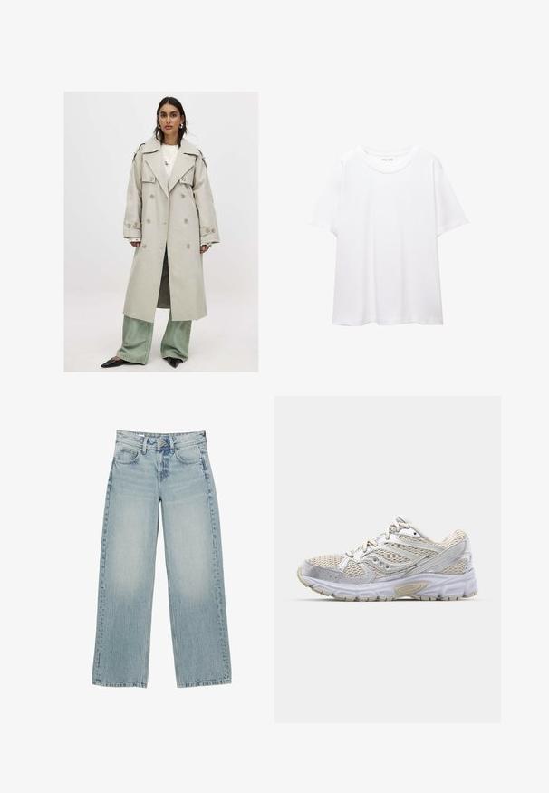 Svetlo béžový dvojradový trenčkot so širokými klopami, gombíkovými detailmi a voľným strihom, prekrytý pleteným topom a zelenými širokými džínsami.; Jednoduché biele tričko vyrobené z bavlny s okrúhlym výstrihom, krátkymi rukávmi a voľným strihom. Hladká textura bez vzorov alebo akcentov.; Svetlomodré denimové nohavice s širokými nohavicami a vysokým pásom, s piatimi vreckami, gombíkovým zapínaním a jemným blednutím pre opotrebovaný efekt.; Ľahká bežecká obuv s bielou sieťovinou a striebornými akcentmi, polstrovanou podrážkou a štruktúrovanou gumovou podrážkou pre lepšiu priľnavosť.