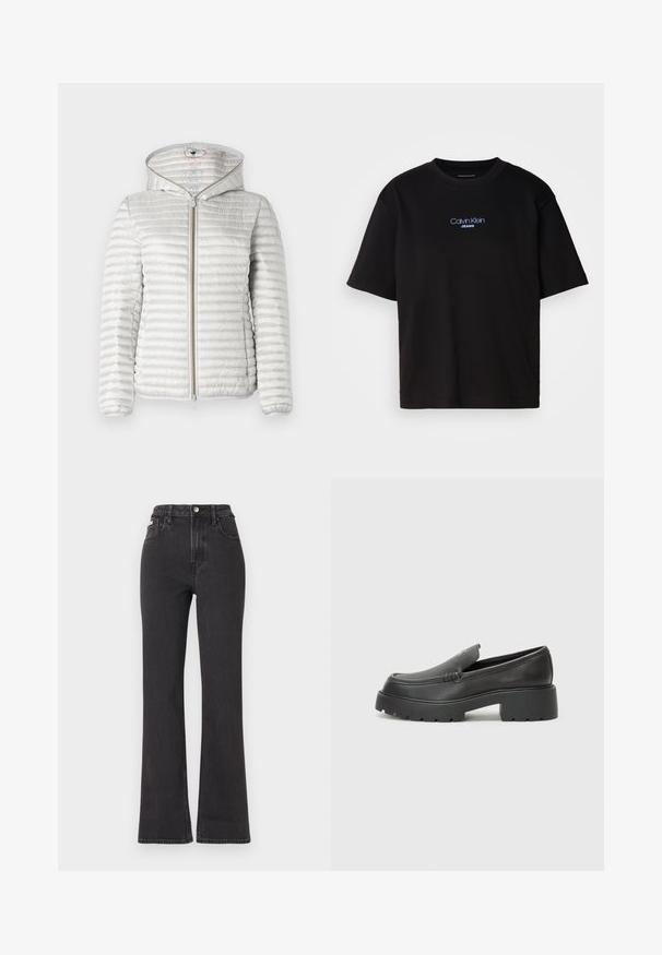 Lys grå quilted pufferjakke med hætte, med en frontlynlås, ribbede manchetter og en glat, reflekterende tekstur.; Sort bomulds t-shirt med rund hals, korte ærmer og blåt broderet "Calvin Klein JEANS" logo på fronten.; Sorte højtaljede flagrende jeans lavet af denim, med knaplukning, bæltestropper og sidelommer. Glat tekstur med minimal falming.; Sorte læder loafers med rund tå, tyk tekstureret sål og minimale syninger. Elegant design uden synlige snørebånd eller hardware.