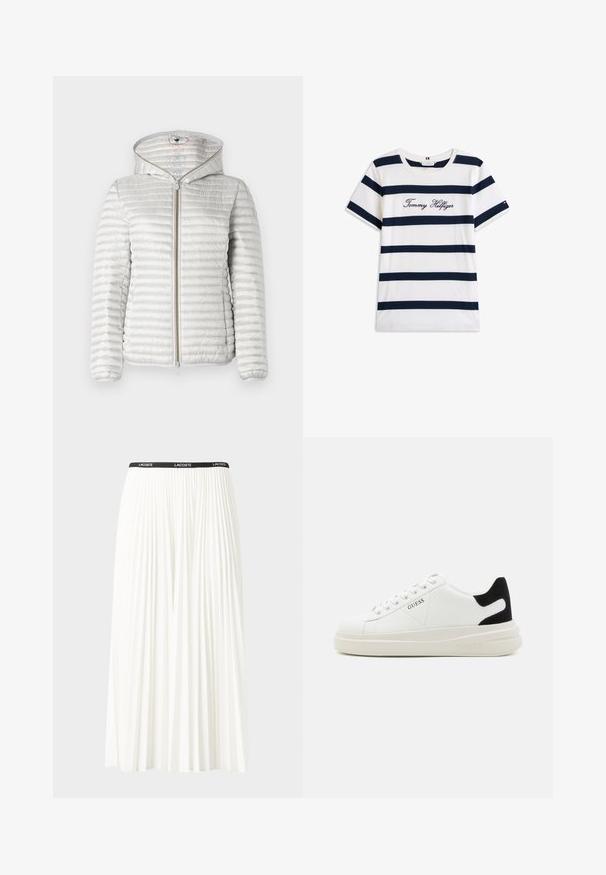 Light gray quilted puffer jacket with a hood, featuring a front zipper, ribbed cuffs, and a smooth, reflective texture.; Cotton T-shirt with horizontal navy stripes on a white background. "Tommy Hilfiger" embroidered in cursive on the chest. Crew neckline.; Pleated white skirt with a black elastic waistband featuring the "LACOSTE" logo. Mid-length design with soft texture.; White leather sneakers with a thick white sole, black suede heel accent, and embossed logo on the side. Laced design with six eyelets.