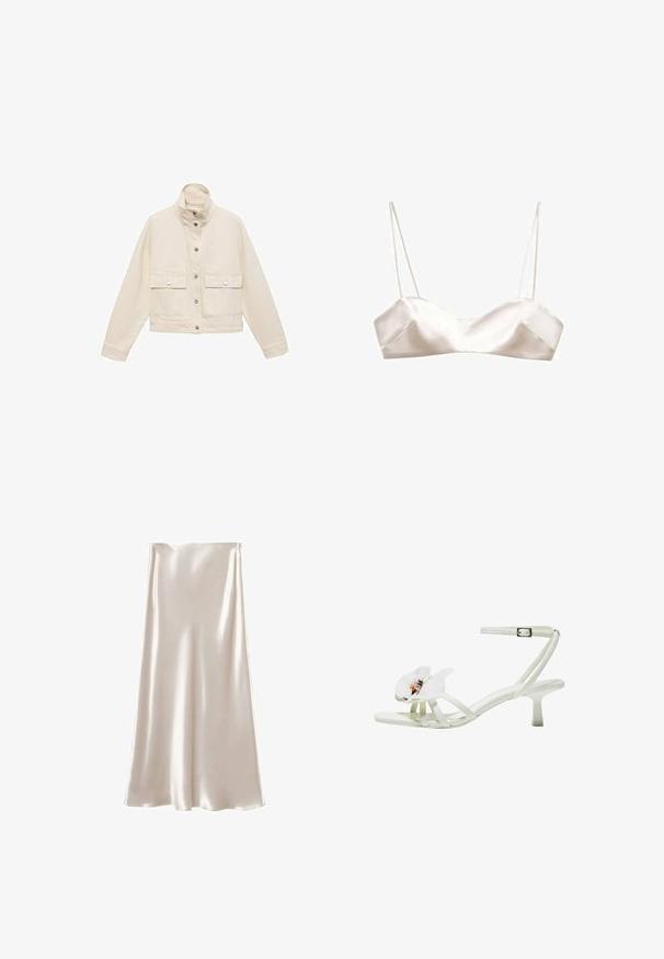 Svijetlosmeđi skraćeni kaput s visokim ovratnikom, dva prednja džepa, kopčama na pritisak i glatkim, teksturiranim materijalom.; Satin bralette u svijetloj slonovači, s tankim trakama, strukturiranim dizajnom i blago V-oblika sprijeda, s glatkom teksturom.; Satin midi suknja u krem boji, s glatkom, sjajnom teksturom i A-linijom siluetom. Jednostavan dizajn bez dodatnih ukrasa.; Bijela sandala s petom od teksturiranog materijala, s širokim cvjetnim naglaskom na prstima, tankim trakama i srednjom stiletto petom.