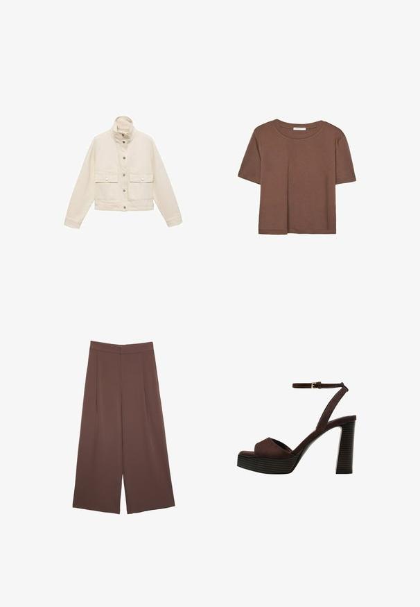 Lys beige cropped jakke med høj krave, to frontlommer, trykknapper og et glat, struktureret stof.; Brun kortærmet t-shirt lavet af blødt stof, med rund halsudskæring og afslappet pasform. Ingen synlige mønstre eller detaljer.; Brune bredbunde bukser med en glat tekstur, der har høj talje og plisseringer foran. Stoffet er let og falder løst.; Brune ruskinds højhælede sandal med åben tå, justerbar ankelrem og en stribet plade sål.