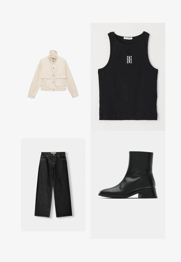 Lichtbeige cropped jack met een hoge kraag, twee vo zakken, drukknoopsluiting en een gladde, gestructureerde stof.; Zwarte geribbelde tanktop met een ronde halslijn en een geborduurd logo in het wit. De stof heeft een gladde textuur met een aansluitende pasvorm.; Zwarte denim wijde jeans met vijf zakken, metalen knoop en ritsluiting, en contrasterende gele stiksels langs de naden.; Zwarte enkelboot van glanzend leer, met een slank ontwerp, spitse neus en een gematigde blokhak voor stabiliteit.