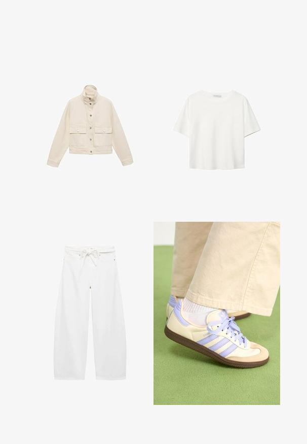 Ljusbeige kort jacka med hög krage, två framfickor, tryckknappar och ett slätt, strukturerat tyg.; Vit t-shirt med kort ärm i bomull. Har en rundad halsringning och en avslappnad passform. Slät textur utan synliga mönster eller detaljer.; Vita vida-byxor i lätt tyg, med dragsko i midjan, två framfickor och enkla metallaccent.; Krämfärgade och lavendelfärgade sneakers med tre ränder och en texturerad brun sula, med snören och en vadderad häl. Mjuk tygobero.
