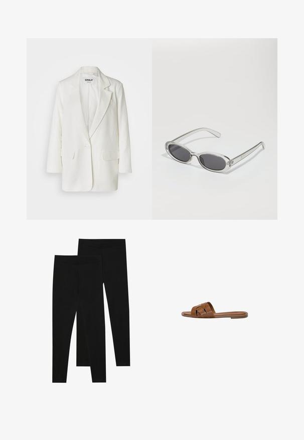 ONLY ONLCARO - Bleiseri - cloud dancer; Kaksi saumattomia putkilaineita: yksi musta ja yksi valkoinen. Molemmat on valmistettu pehmeästä, joustavasta kankaasta ja niissä on sileä rakenne ilman kuvioita.; Mustat legginssit, jotka on valmistettu joustavasta kankaasta, joissa on saumaton vyötärö ja kapea malli, sopivat arkikäyttöön tai liikuntaan.; Ruskea nahkainen liukusandaali, jossa on ristikkäiset hihnat, tasapohja ja sileä pinta. Yksinkertainen muotoilu ilman koristeita tai kuvioita.; Aurinkolasit, joilla on soikea muoto, kirkas muovikehys, tummanharmaat linssit ja ohuet läpinäkyvät varret, joissa on logovihjeitä ja minimaalista yksityiskohtia.